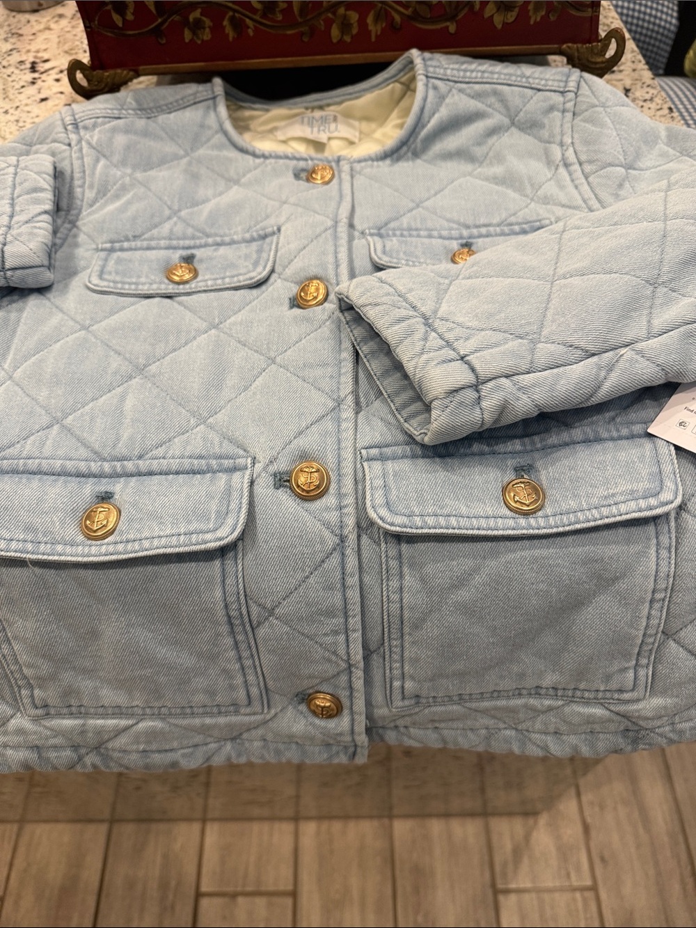 Time and Tru Light Blue Quilted Puffer Jacket with Gold Buttons